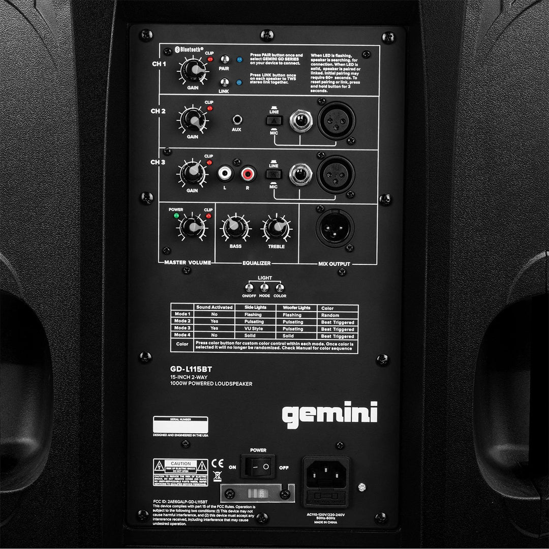 Gemini GD-L115BT Powered Speaker w/ Bluetooth Playback and LED Light - 15”