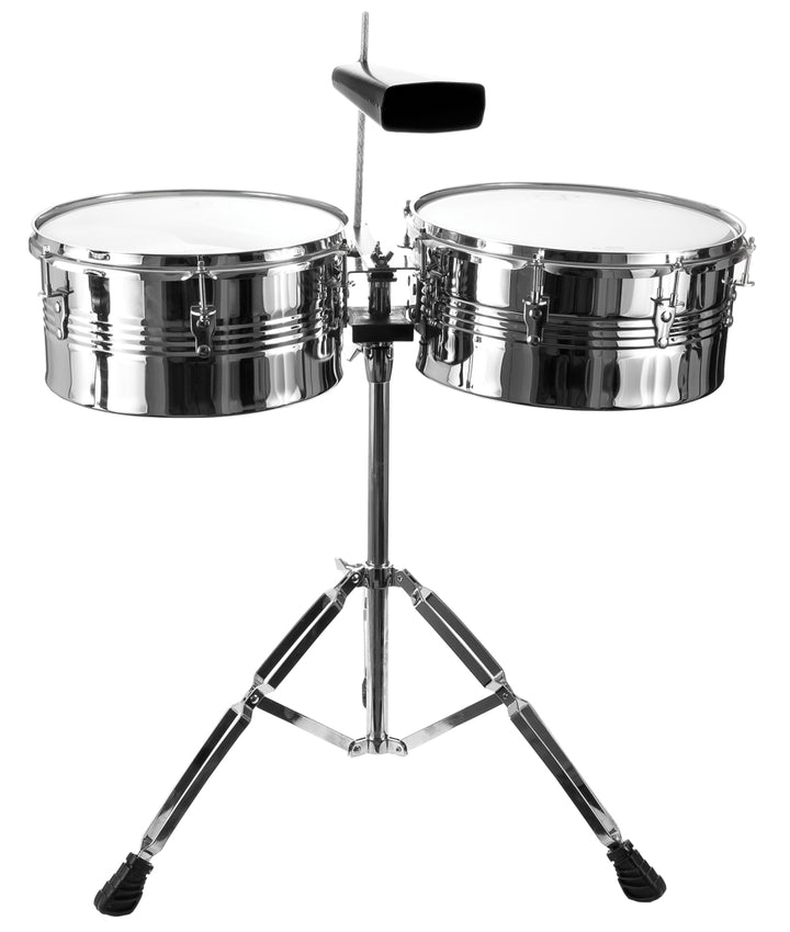 Granite Percussion Professional Timbale Set (13 & 14 Inch) with Stand & Cowbell - Chrome