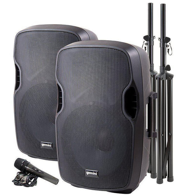 Gemini PA-SYS15 Live Sound PA System - 2x 15” Speakers w/ Media Player, Speaker Stands & Microphone