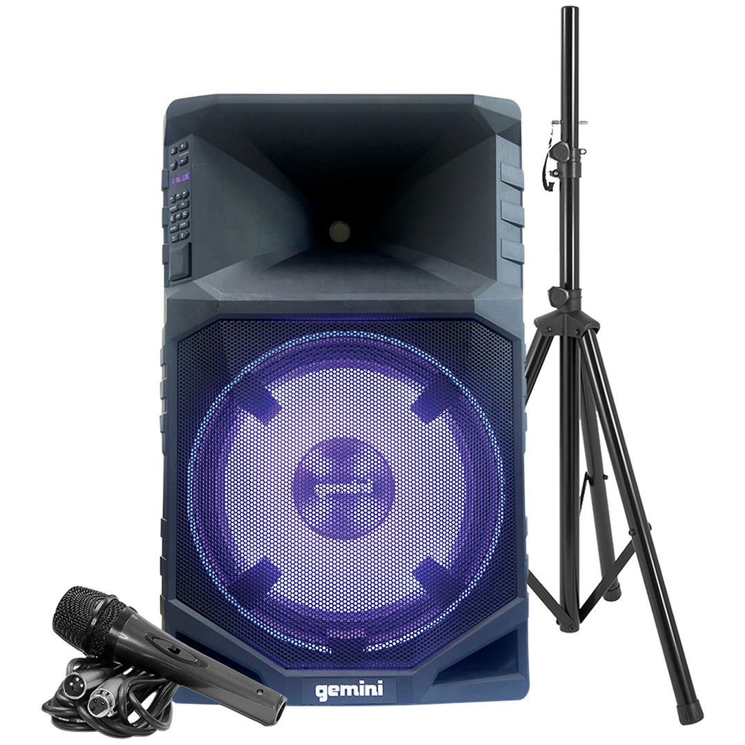 Gemini GSW-T1500PK Portable Water Resistant 15” Bluetooth Party Speaker w/ Microphone and Stand