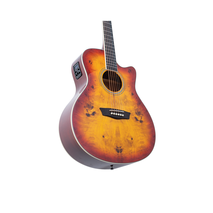 Washburn DFBACEA Deep Forest Grand Auditorium Cutaway, Poplar Burl Top, Okoume Back & Sides, Amber Fade Gloss