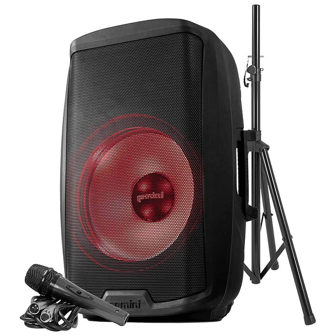 Gemini AS-21 Active 15” Powered Speaker w/ Bluetooth & Party Light (Pack Includes Speaker Stand & Microphone)