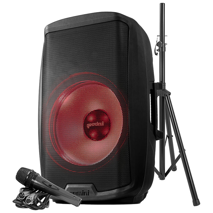 Gemini AS-21 Active 15” Powered Speaker w/ Bluetooth & Party Light (Pack Includes Speaker Stand & Microphone)