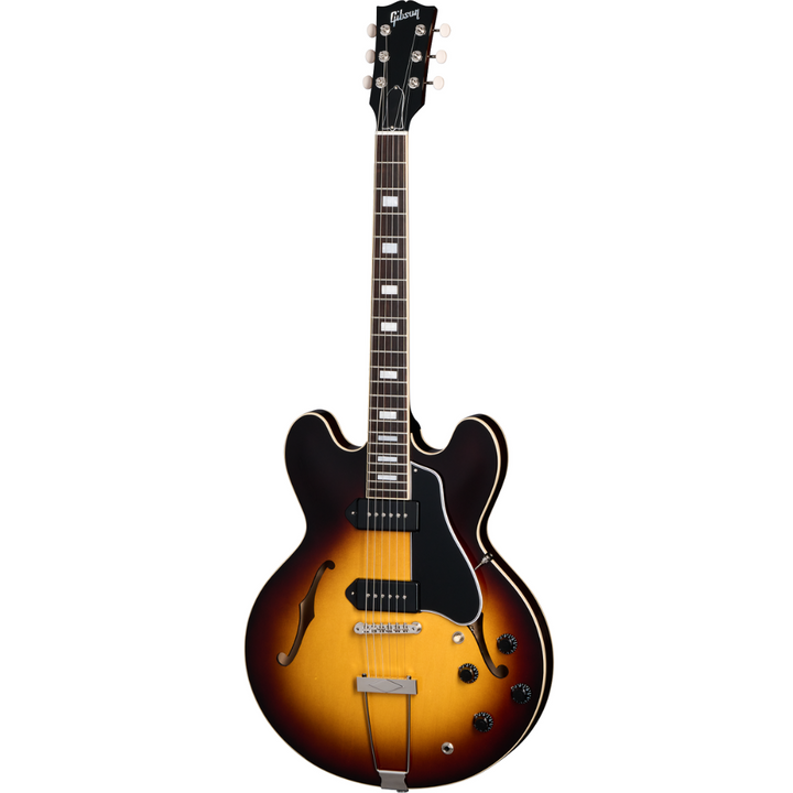 Gibson ES-330. Fully hollow thinline archtop body with no center block. Laminated maple top, back, and sides. Mahogany neck, rosewood fingerboard, 22 frets. P-90 dog-ear pickups. Trapeze tailpiece. Vintage styling. Includes hardshell case.