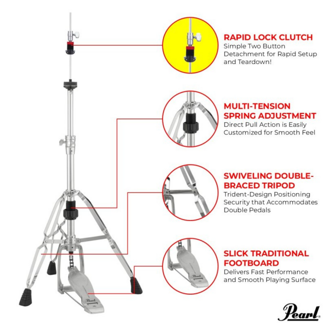 Pearl H-1030QR Eliminator Solo Double-Braced Hit Hat Stand w/ HCL-105QR Quick Release Rapid Clutch