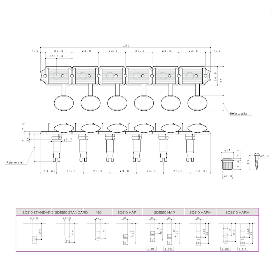 Allparts TK-7780-001 Gotoh SDS510 Vintage Style 6 in line Keys (Qty 6)