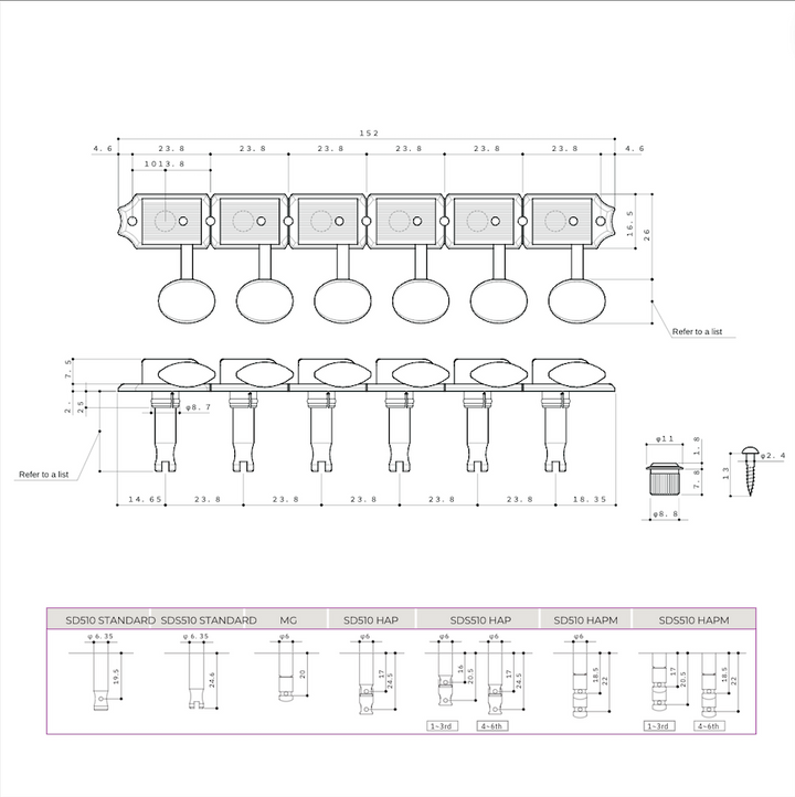 Allparts TK-7780-001 Gotoh SDS510 Vintage Style 6 in line Keys (Qty 6)