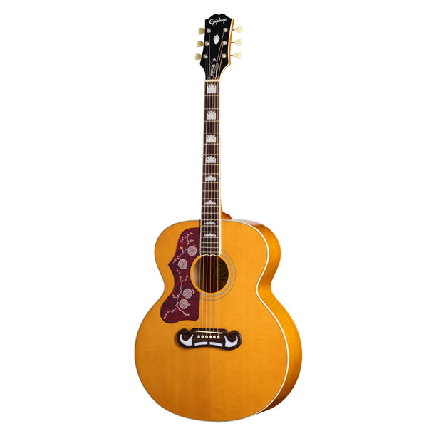 Left-handed J-200 Studio jumbo acoustic with maple back and sides in Natural finish.
