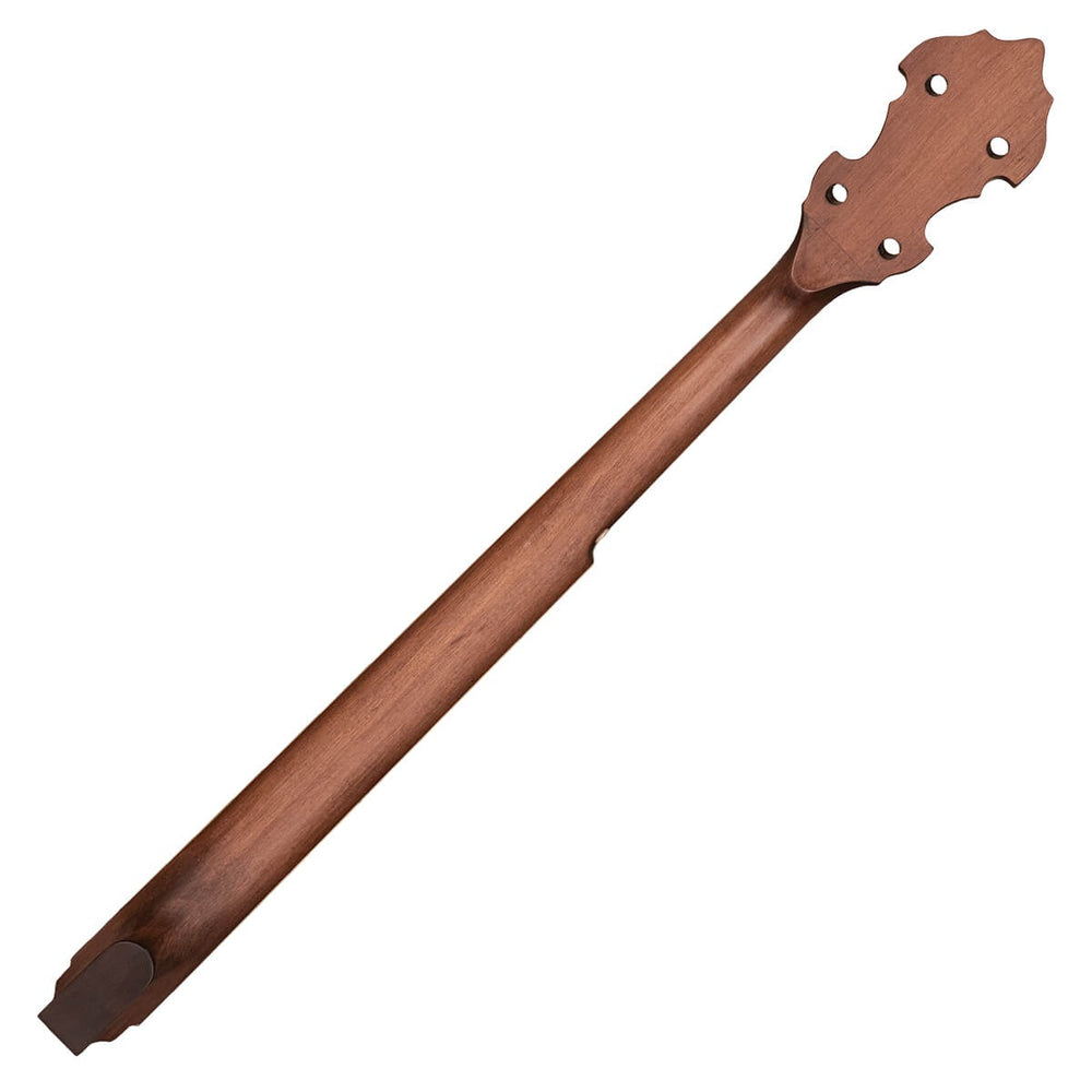 This neck is available with a flat heel surface or Gold Tone can make a standard flange cut for a one piece flange. This heel cut is based off a Gold Tone pot using a standard 5/8 bridge height and is not guaranteed to fit all banjos. Slight angle modifications may be necessary.