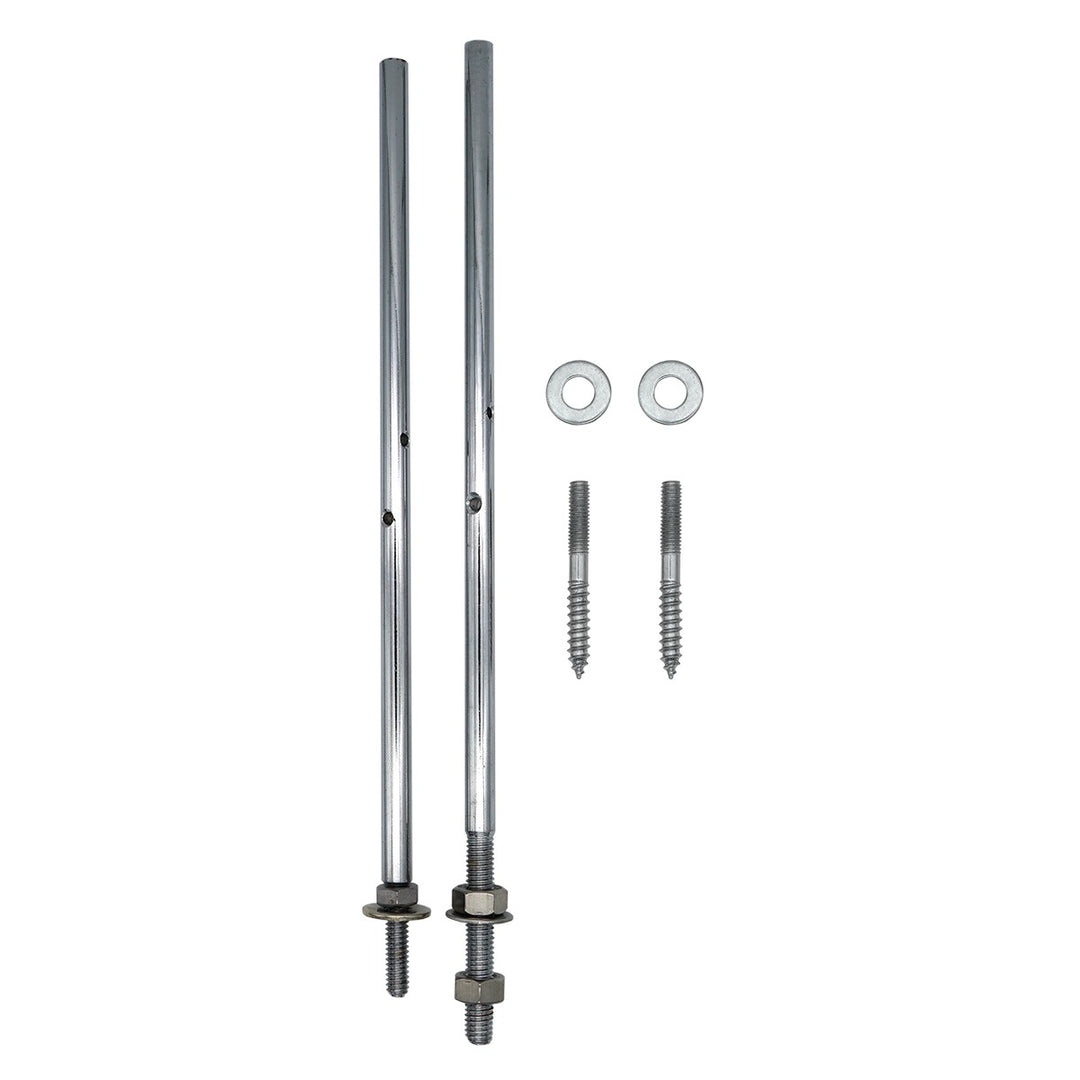 This coordinator rod set is the most common set you'll find for banjos. Restore your banjo or upgrade to our high quality rods and easily adjust to reduce buzz. It includes both the inner and outer rods. Fits 11" 3-ply rims and comes with 2 bolts and washers. (Actual length: 10"/10.5"). Comes in chrome-plated or nickel-plated.