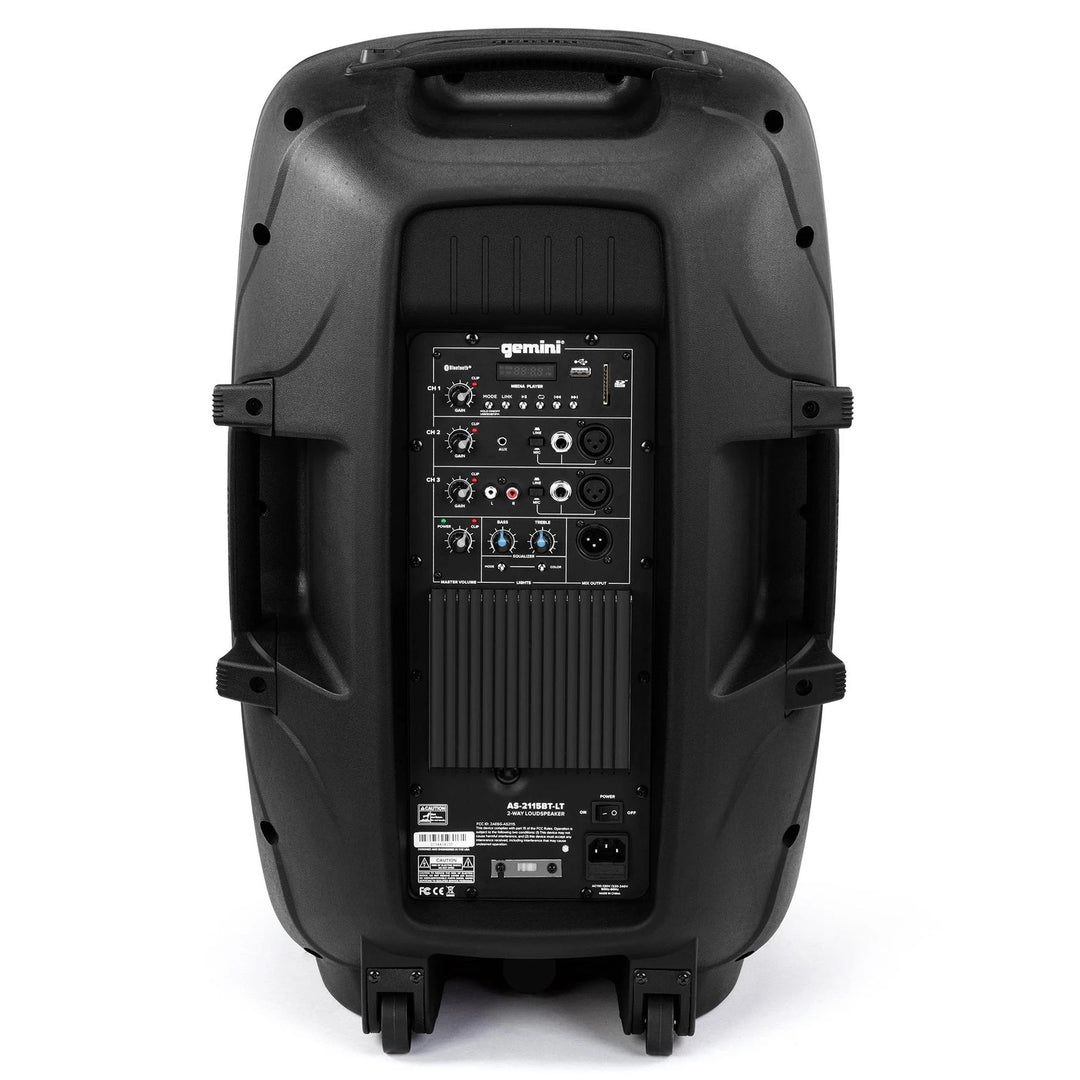 Gemini AS-21 Active 15” Powered Speaker w/ Bluetooth & Party Light (Pack Includes Speaker Stand & Microphone)