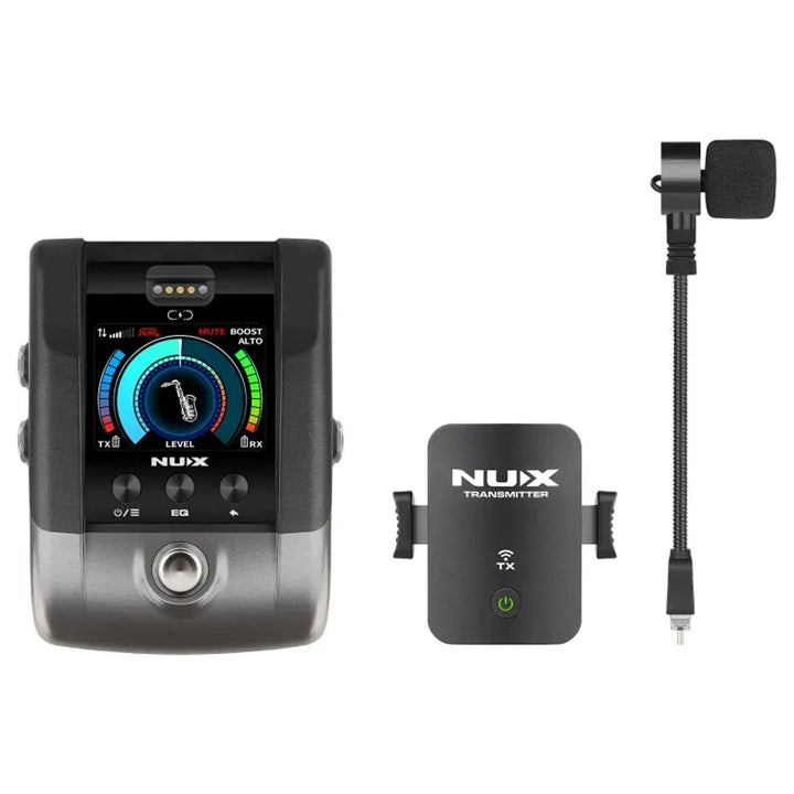 The NUX B-6 Pro is a 2.4GHz wireless systemdesigned for saxophones, trumpets, and other wind instruments, featuring a shock-absorbing gooseneck microphone. It offers high-resolution 24-bit/48kHz audio, a 165-foot (50m) range, <3.6ms latency, and a pedal-style receiver with EQ presets, a tuner, and a signal booster.