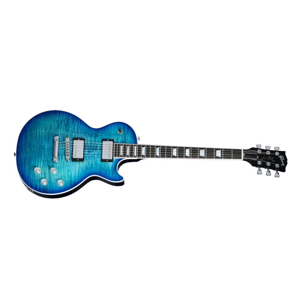 Gibson Les Paul Modern Figured. Ultra-Modern weight-relieved mahogany body with carved figured maple top. Asymmetrical SlimTaper mahogany neck. Compound radius ebony fretboard with 22 frets. Burstbucker Pro humbuckers with push/pull coil tap. Modern Contoured Heel for exceptional upper-fret access. Grover Rotomatic tuners. Includes hardshell case.