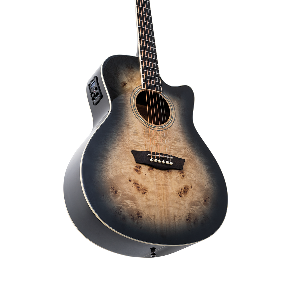 Washburn DFBACEB Deep Forest Grand Auditorium Cutawayt, Poplar Burl Top, Okoume Back & Sides, Black Fade Gloss