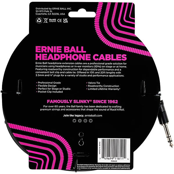 Ernie Ball Headphone Extension Cable 1/4 to 3.5mm - 20 Foot
