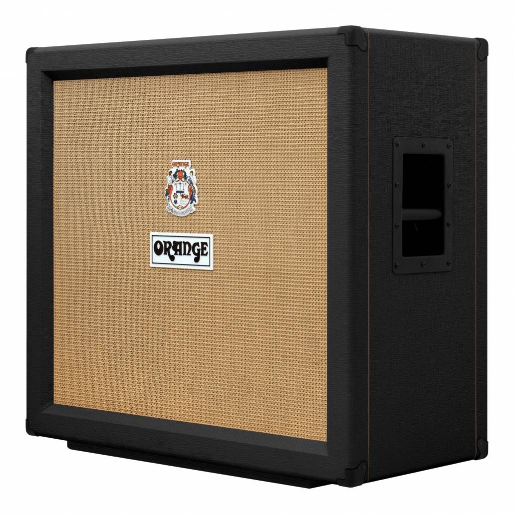 The Orange PPC412 in black is a straight-front 4x12 guitar cabinet loaded with four Celestion Vintage 30 speakers handling up to 280 watts of power.
