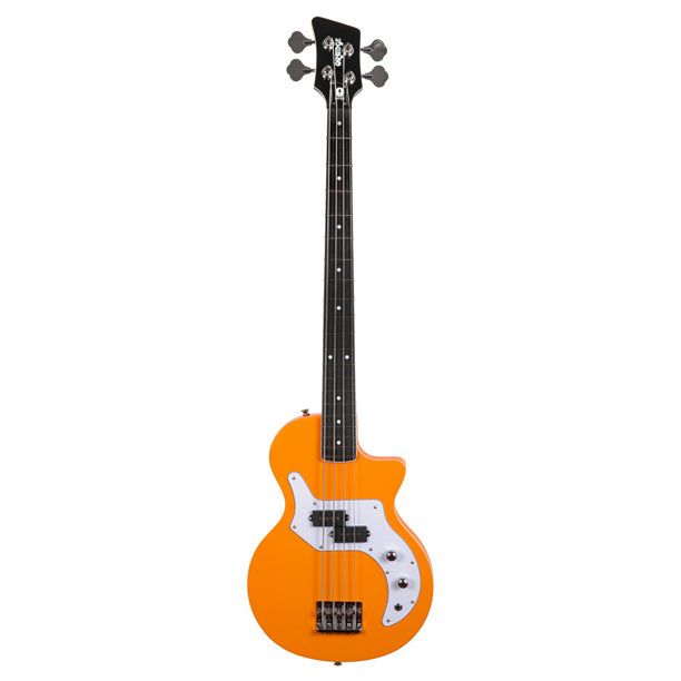 The Orange O Bass in orange is a short-scale electric bass guitar featuring an alder body, maple neck, rosewood fingerboard, and custom Orange-wound humbucker pickup. Delivers warm, punchy bass tones in the bold Orange finish.
