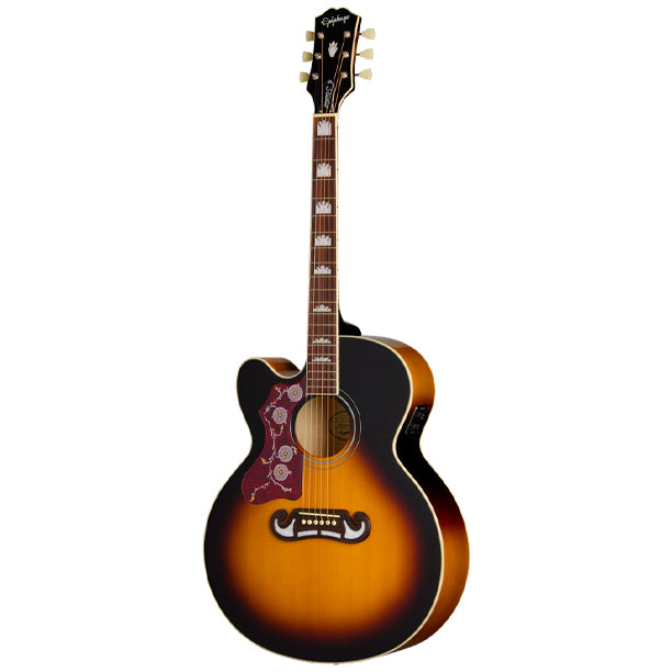 Left-handed cutaway J-200 Studio acoustic/electric with maple back and sides in Vintage Sunburst finish.