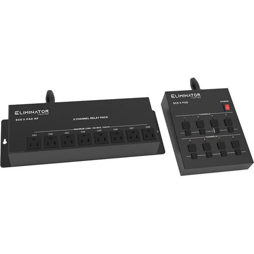 Control eight non-DMX lights with theEliminator Lighting SC-8 II Pad System, an analog on/off light controller that's designed to eliminate tangled cords and messy wiring. The system includes the SC8 II Pad Controller, the SC8 II Pad RP (relay pack), a 25' 3-pin DMX cable, and a 4' IEC power cord.