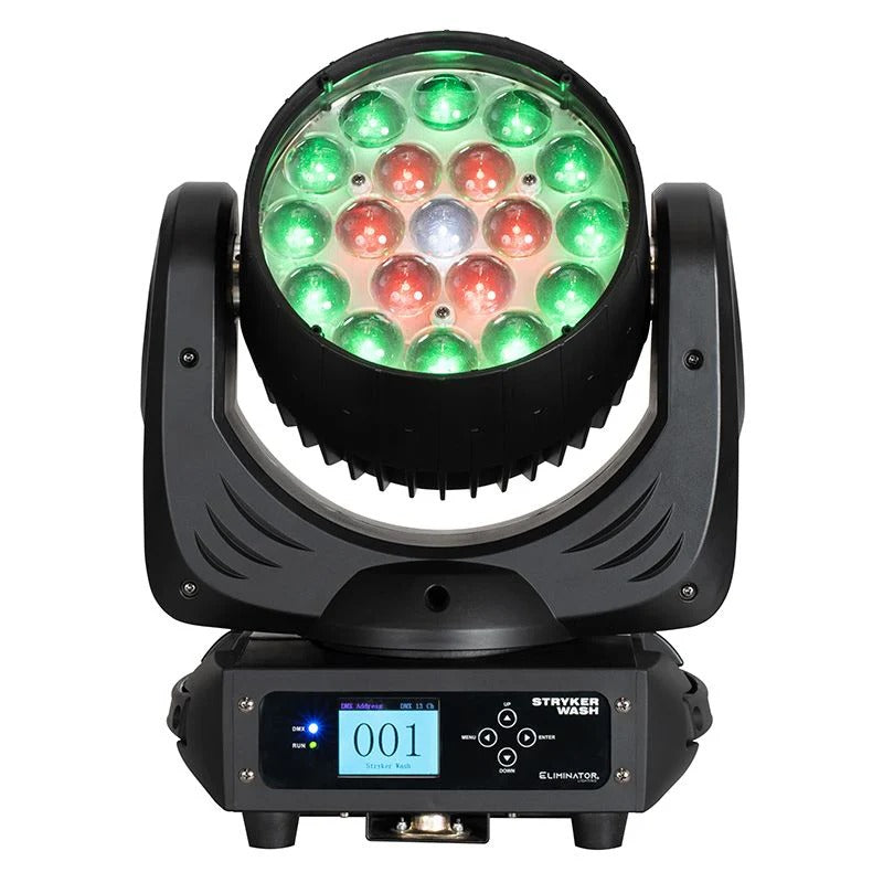 228W professional moving head wash fixture with variable motorized zoom (6 ~ 50-degrees), 19x 12W quad color 4-in-1 (RGBW) LEDs with 3 zones of LED ring control and tunable white color temperature control from 3,200-10,000K