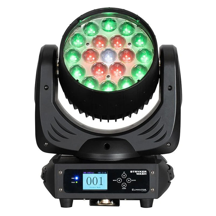 228W professional moving head wash fixture with variable motorized zoom (6 ~ 50-degrees), 19x 12W quad color 4-in-1 (RGBW) LEDs with 3 zones of LED ring control and tunable white color temperature control from 3,200-10,000K