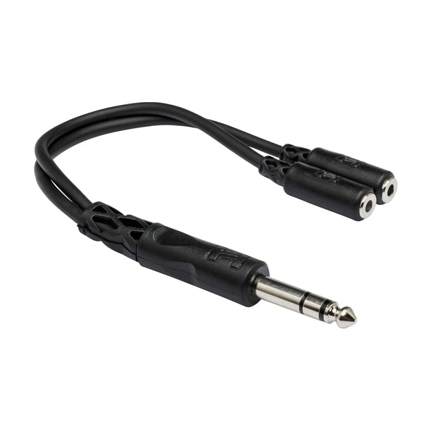 Y-cable splitter or combiner for routing one audio signal to two destinations or combining two sources.