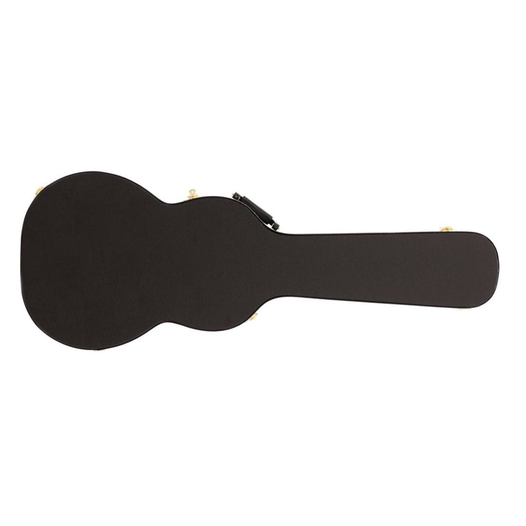 Yorkville hardshell acoustic guitar case designed for Orchestra Model (OM) body shape acoustic guitars. Five-ply cross-laminate wood construction with heavy-duty vinyl covering, plush interior lining, large accessory compartments, all-metal locking fasteners, and heavy-duty molded handles.