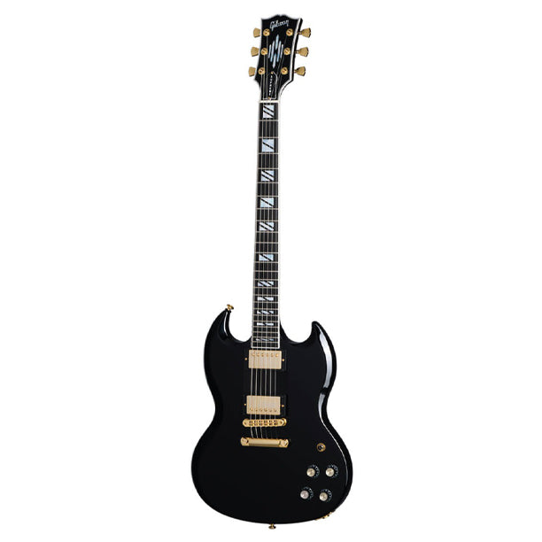 Gibson SG Supreme. Premium solidbody with AAA flame maple cap, multi-ply binding, abalone crown inlays. Mahogany body and neck, bound ebony fingerboard. 490R and 490T or Burstbucker humbuckers. Gold hardware, Tune-O-Matic bridge. Gloss finish. Includes hardshell case.