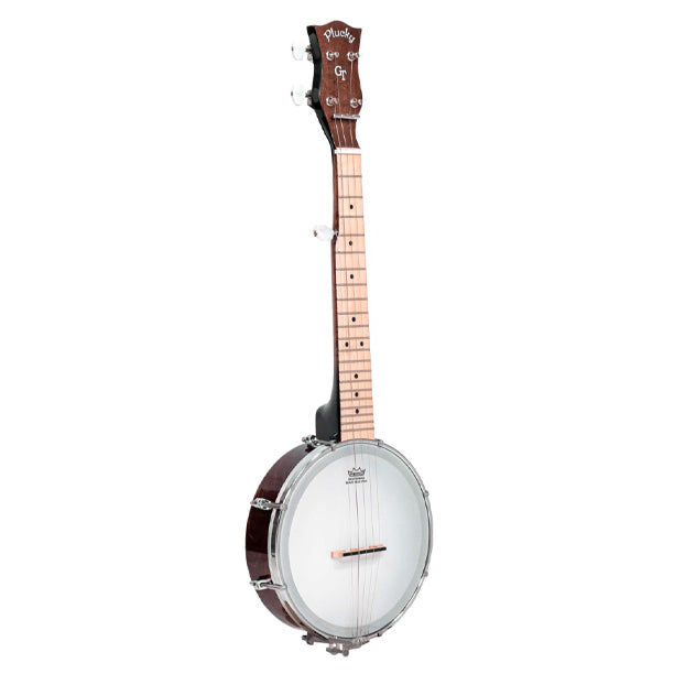 The Plucky is a backpacker's dream weighing in at only two pounds! It can be tuned to open C (CGCEG) or open D (DADF#A) or even to standard G, by changing to strings gauged 016, .034, .024, .019, .016.
