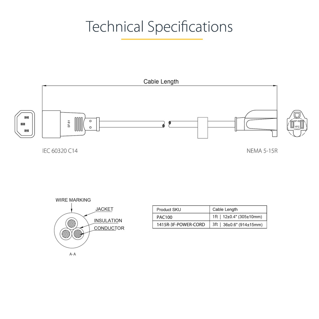 Startech PAC100 Power Cable - IEC 60320 C14 to NEMA 5-15 - 1ft