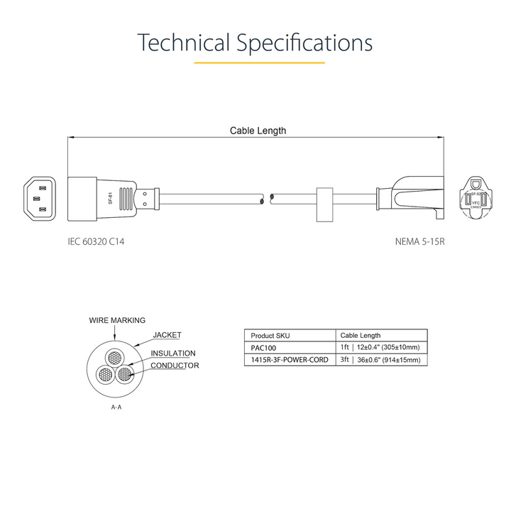 Startech PAC100 Power Cable - IEC 60320 C14 to NEMA 5-15 - 1ft