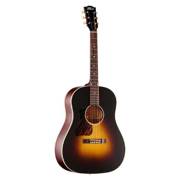 Left-handed Gibson J-45 Century 12-Fret in Vintage Sunburst finish. Mahogany body with Sitka spruce top, single-ply cream binding. Mahogany neck with SlimTaper 12-Fret profile joining at the 12th fret, compound dovetail joint. Rosewood fretboard, 19 frets, MOP dot inlays. Sloped rectangle closed-slot rosewood bridge. Bone nut and saddle. TUSQ bridge pins. Open-back Golden Age tuners. Satin Vintage Sunburst nitrocellulose finish. Century Collection tweed hardshell case included.
