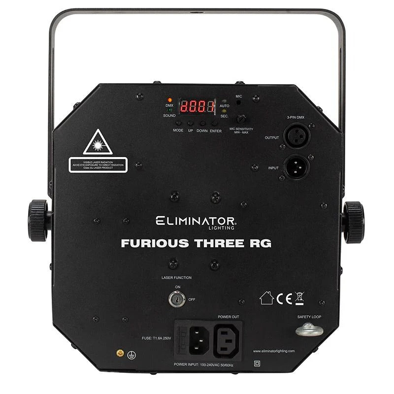 An exhilarating party lighting effect, the Furious Three RG is a 3-FX-IN-1 lighting effect - utilizes three light sources &ndash; six 5W 5-penta LEDs, eight 3W quad LEDs and a red and green laser &ndash; to give users a Moonflower/Wash/Laser combo effects that create a high level of enjoyment for party guests.