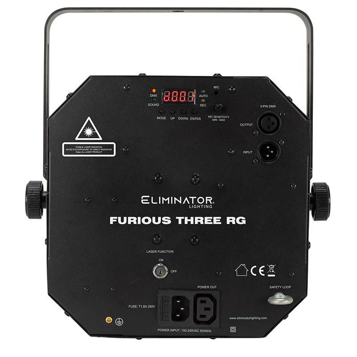 An exhilarating party lighting effect, the Furious Three RG is a 3-FX-IN-1 lighting effect - utilizes three light sources &ndash; six 5W 5-penta LEDs, eight 3W quad LEDs and a red and green laser &ndash; to give users a Moonflower/Wash/Laser combo effects that create a high level of enjoyment for party guests.