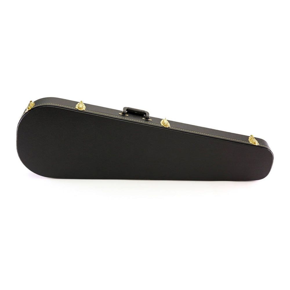 Yorkville hardshell bass guitar case in a teardrop body shape design. Five-ply cross-laminate wood construction with heavy-duty vinyl covering, plush interior lining, large accessory compartments, all-metal locking fasteners, and heavy-duty molded handles.