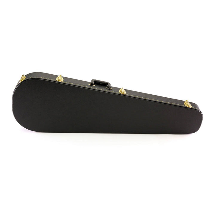 Yorkville hardshell bass guitar case in a teardrop body shape design. Five-ply cross-laminate wood construction with heavy-duty vinyl covering, plush interior lining, large accessory compartments, all-metal locking fasteners, and heavy-duty molded handles.