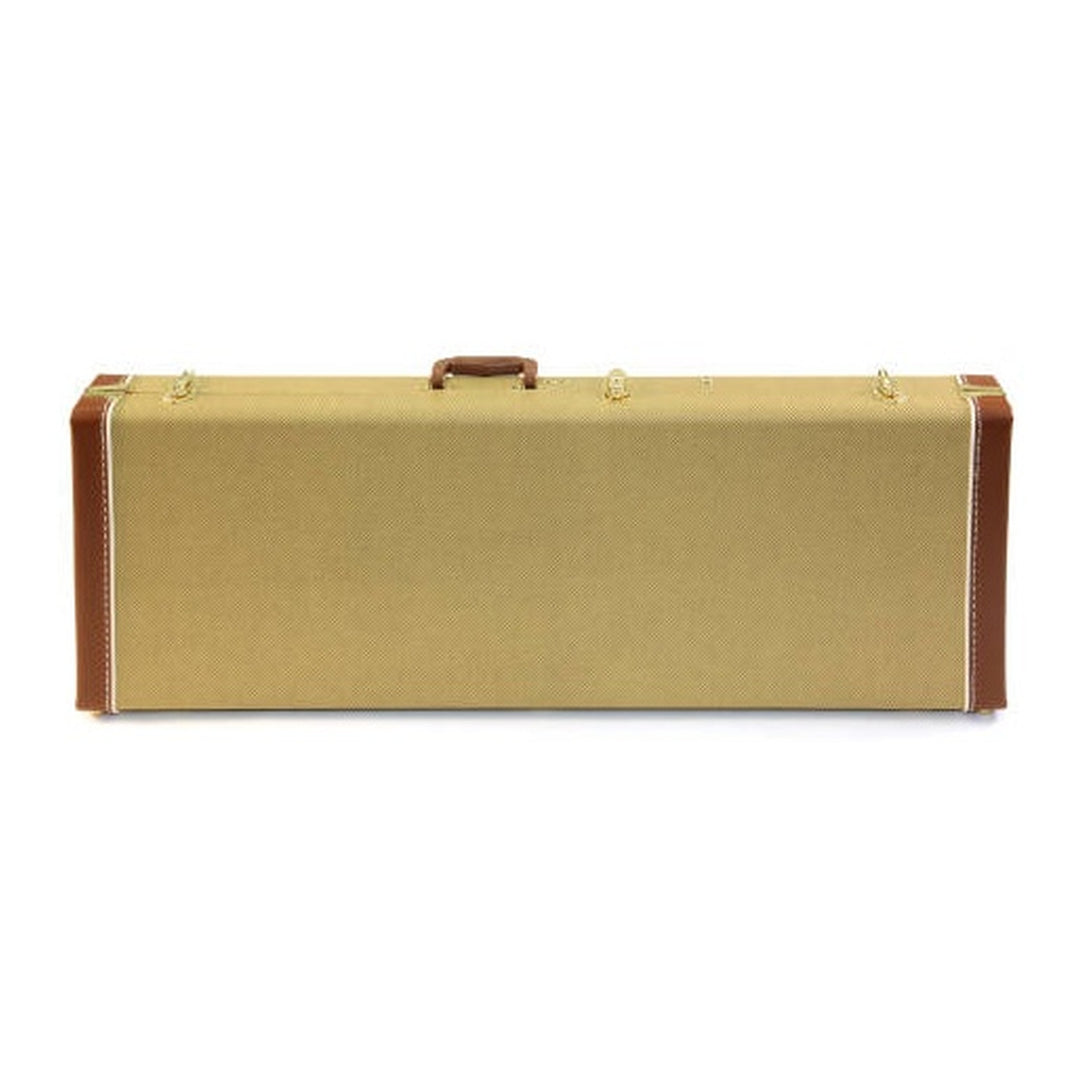 Yorkville deluxe rectangular electric guitar case with classic tweed exterior finish. Five-ply cross-laminate wood construction with premium tweed covering, plush interior lining, large accessory compartments, and all-metal locking fasteners.