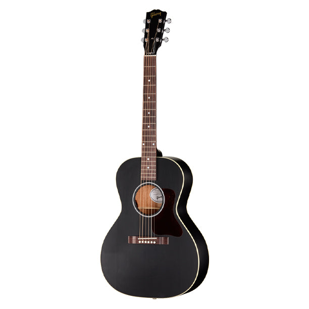 Gibson L-00 Special in Satin Ebony finish. USA-built small-body acoustic with solid mahogany back and sides and solid Sitka spruce top. Traditional scalloped X-bracing, single-ply binding. Utile neck with SlimTaper profile, compound dovetail joint, 24.75 in. scale, 12 in. radius. Rosewood fretboard, 19 frets, MOP dot inlays. TUSQ hardware. Grover Mini Rotomatic tuners. Satin Ebony nitrocellulose lacquer finish. LR Baggs Element Bronze under-saddle pickup. Premium soft-shell case included.