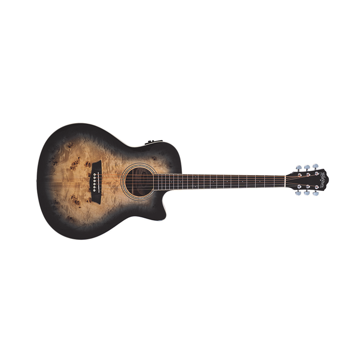 Washburn DFBACEB Deep Forest Grand Auditorium Cutawayt, Poplar Burl Top, Okoume Back & Sides, Black Fade Gloss