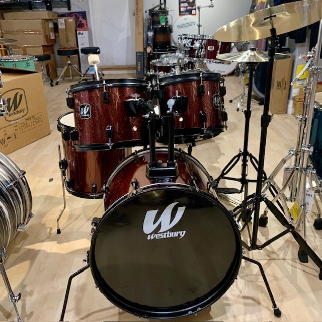 Westbury W465TC-RRS 400 Series 5-Piece Studio Acoustic Drum Kit with 20" Bass Drum & Throne - Ruby Red Sparkle