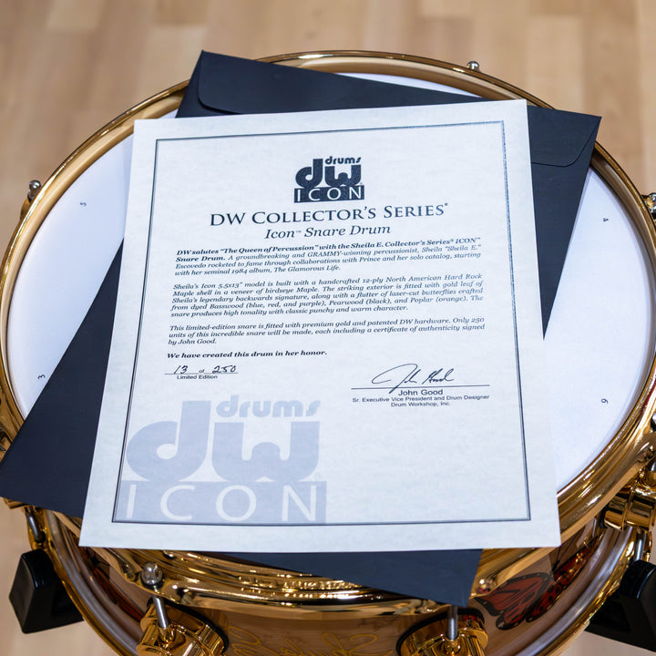DW DREX5513SSG-SE Sheila E. Collector’s Series ICON Snare, 5.5 x 13" - Birdseye Maple