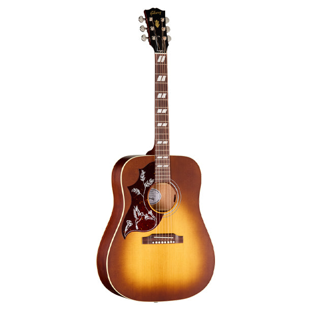 Left-handed Gibson Hummingbird Special in Satin Honeyburst finish. Square-shoulder mahogany body with solid Sitka spruce top, scalloped X-bracing, concert depth body. Mahogany neck with SlimTaper profile, 24.75 in. scale. Rosewood fretboard, 20 frets, MOP dot inlays. TUSQ hardware. Grover Rotomatic tuners. Satin Honeyburst nitrocellulose finish. LR Baggs Element Bronze under-saddle pickup. Premium soft-shell case included.