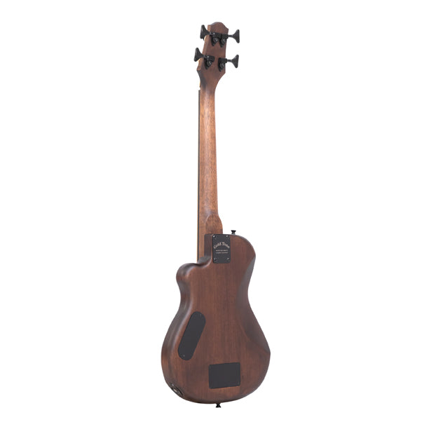 This lightweight, single-cutaway solid-body electric bass produces solid fundamental bass tone. Its specially-engineered bridge with long-throw adjustable string compensation enables you to change the scale length to suit the use of either polymer or steel strings. The piezo pickup with active (9v) EQ creates a BIG sound that goes anywhere! Padded gig bag included. Available as left-handed model.