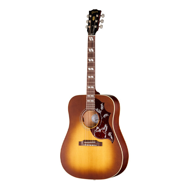 Gibson Hummingbird Special in Satin Honeyburst finish. USA-built square-shoulder dreadnought with solid mahogany back and sides and solid Sitka spruce top. Scalloped X-bracing, slightly thinner concert depth body. Mahogany neck with SlimTaper profile, 24.75 in. scale. Rosewood fretboard, 20 frets, MOP dot inlays. TUSQ hardware. Grover Rotomatic tuners. Satin Honeyburst nitrocellulose finish. LR Baggs Element Bronze under-saddle pickup. Premium soft-shell case included.