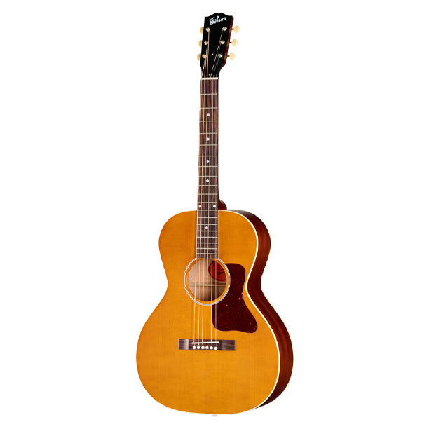 Gibson L-00 Century 12-Fret in Vintage Amber finish, part of the Century Collection celebrating 100 Years of Gibson Flat-Tops. Mahogany body with 12-fret neck-to-body joint, single-ply cream binding. Mahogany neck with SlimTaper 12-Fret profile, compound dovetail joint. Rosewood fretboard, 19 frets, MOP dot inlays. Open-back Golden Age tuners with cream buttons. Vintage script Gibson logo. Satin Vintage Amber nitrocellulose finish. Century Collection tweed hardshell case included.