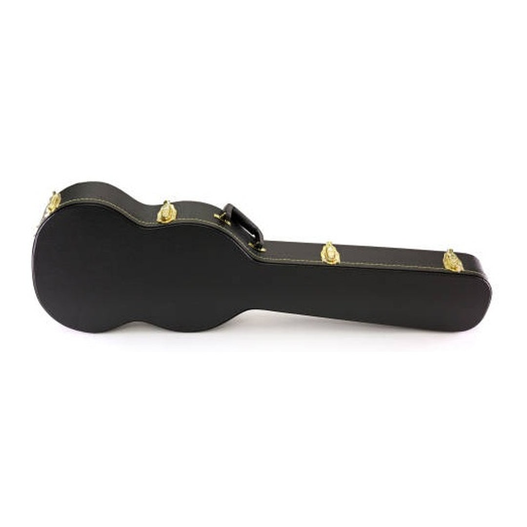 Yorkville hardshell electric guitar case designed for SG body shape guitars. Five-ply cross-laminate wood construction with heavy-duty vinyl covering, plush interior lining, large accessory compartments, all-metal locking fasteners, and heavy-duty molded handles.
