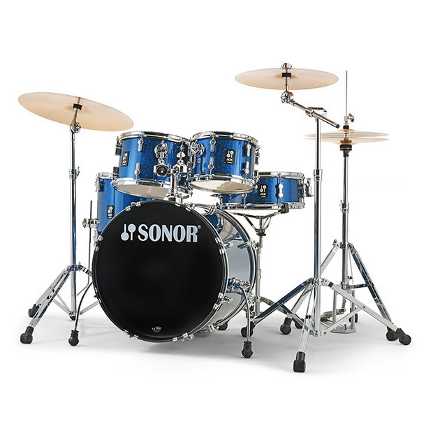 Sonor AQX Studio 5-piece Drum Shell Pack (20" BD/10"T/12"T/14"FT/14"SD/HS-1000/B8 Cymbals) - Blue Ocean Sparkle
