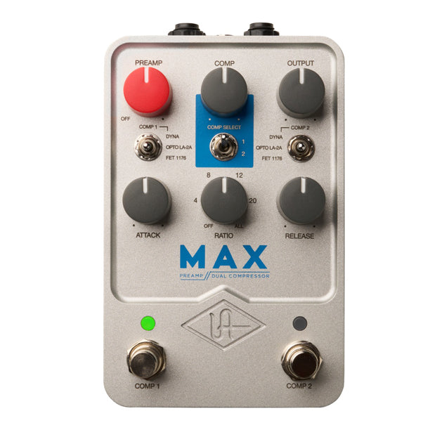 The UA UAFX Max Preamp and Dual Compressor is a studio-grade preamp and dual-compressor pedal combining the sounds of two iconic analog compressors in a single unit. Built on UAFX dual-engine processing, the Max delivers the punch and control of classic FET and optical compression on guitar, bass, and other instruments.
