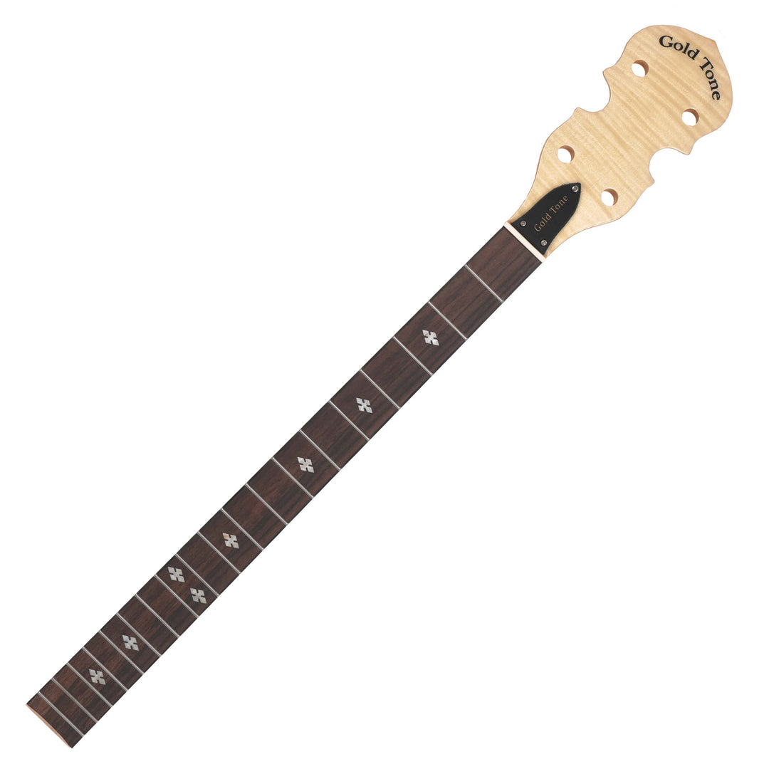This neck is available with a flat heel surface or Gold Tone can make a standard flange cut for a one piece flange. This heel cut is based off a Gold Tone pot using a standard 5/8 bridge height and is not guaranteed to fit all banjos. Slight angle modifications may be necessary.
