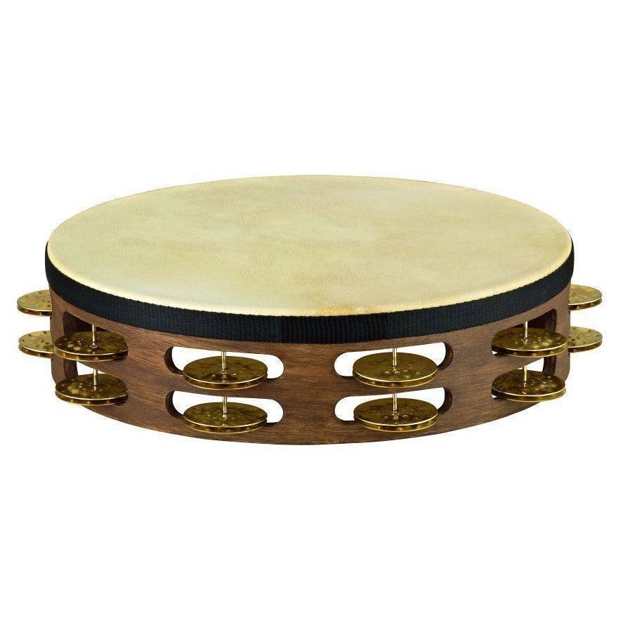 Meinl Vintage Goat Skin Wood Tambourine, 2 Row Hammered Brass, Walnut Brown